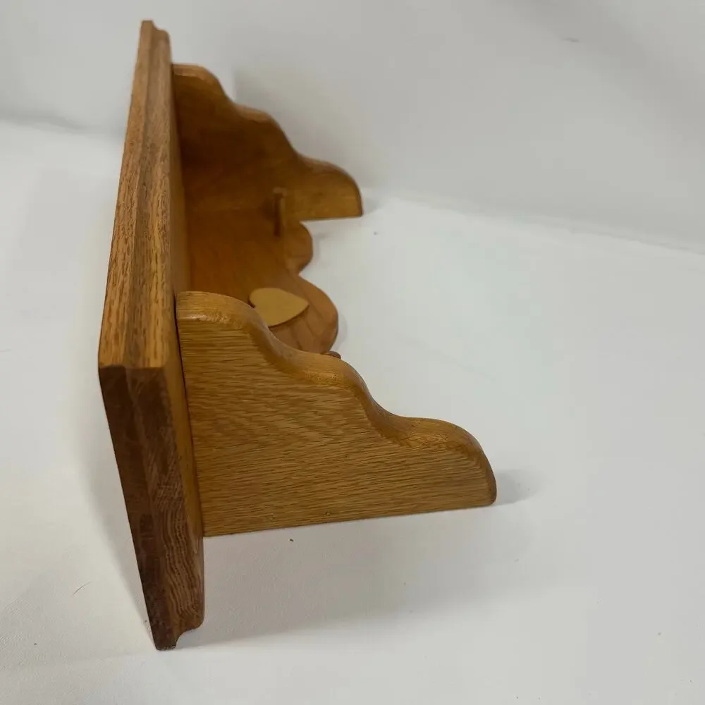 Vintage Solid Oak Wall Shelf Heart Inlay Peg Rack Country Farmhouse Plate Cutout